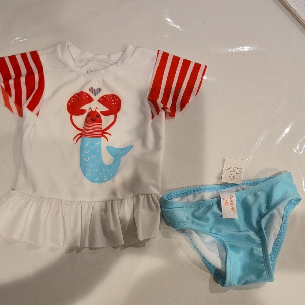 Cat & Jack Girls Red Stripe Sleeve Mermaid Swim Set with Light Blue Bottoms